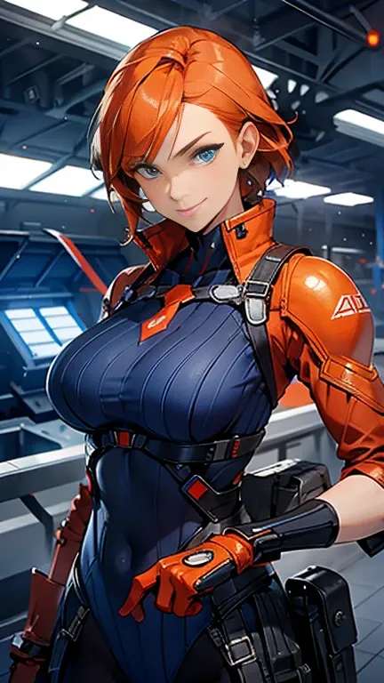 masterpiece, highest quality, sf juni, orange hair, blue eyes, have, tie, red gloves, ribbed bodysuit, large breasts, upper body...