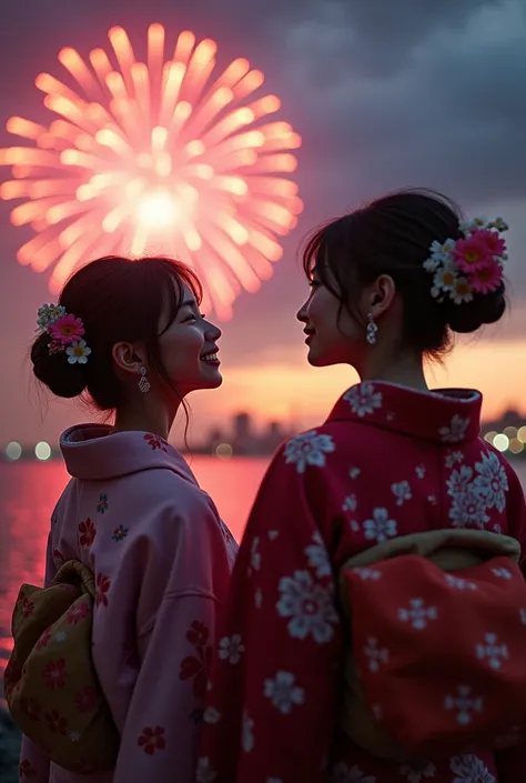 (best quality, masterpiece, ultra detailed, ultra high res, photorealistic, raw photo, absurdres, absolutely resolution), Japanese men and women wearing kimonos are smiling and watching the fireworks