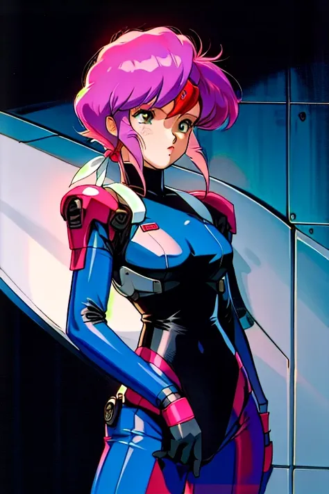 Kenichi Sonoda, retro art-style, official style, Pris, bubblegum crisis, very aesthetic, masterpiece, best quality, anime key-visual, intricate, overall detail, 1girl, Wearing a hard suit with the face guard close, 