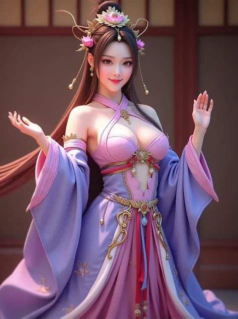 (masterpiece, best quality, 8k, (raw photo:1.2),((photorealistic)), ultra-detailed, highres, extremely detailed), Photo of a attractive woman in diaochan cosplay costume, Kings Impact Diao Chan Cosplay Costume, moderately large breasts, lotus detail, crown...