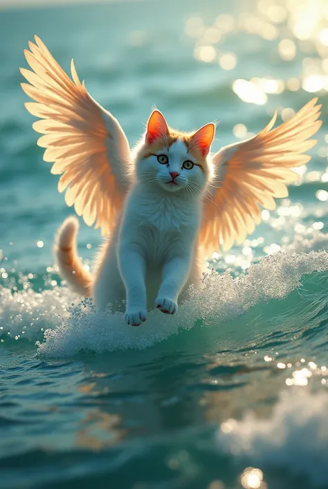 The cat with angel wings is playing in the sea 