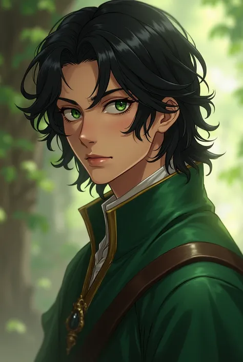 Olive skin, medium length black hair, young man, good looking, Nobleman, green eyes, Antiquity, mage, anime style