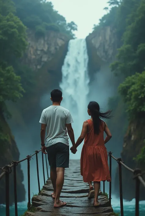 1 pic of mother and son ,son age is 9 years and mother age is 28,they are going  from water fall crossing bridge and mother is caring her son and hold his hands
 And next picture where son age is 19 and mother is 38 and both are crossing a water fall bridg...