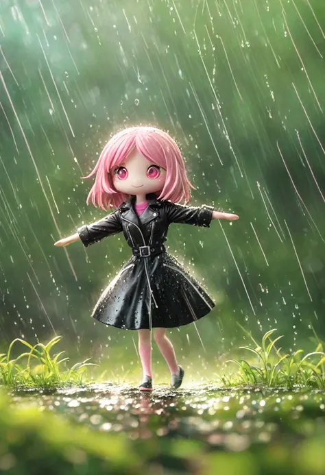 Sexy pink Shark Girl wearing black leather jacket,(No humans),E7E48U，Dancing in the Rain，rain, Background grassland