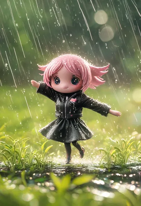 Sexy pink Shark Girl wearing black leather jacket,(No humans),E7E48U，Dancing in the Rain，rain, Background grassland