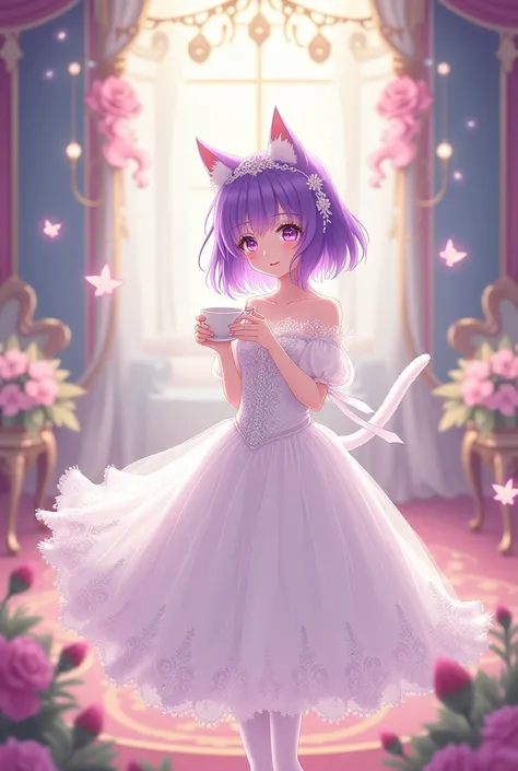 Anime girl purple hair standing, wear a dress content tea cup royal, have white tail and ear cat, in Princess beautiful white dress