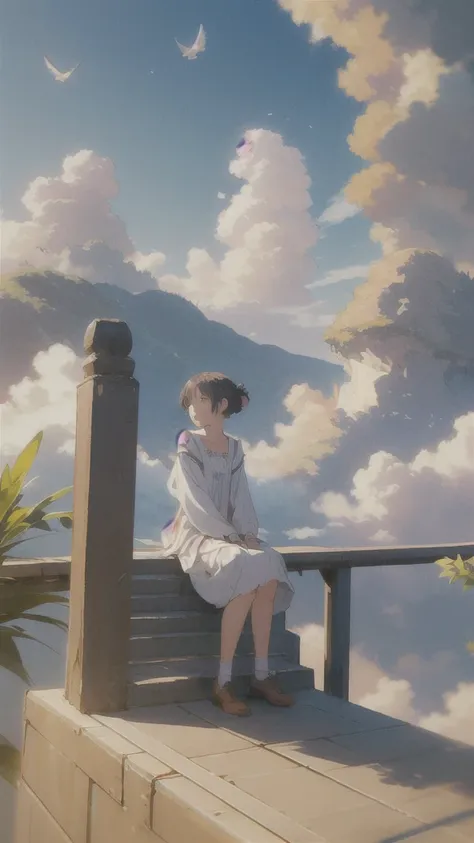 (1girl sitting on stairway to heaven), above the clouds, seas of clouds, ascending, ethereal, peaceful, graceful, innocent, hope...