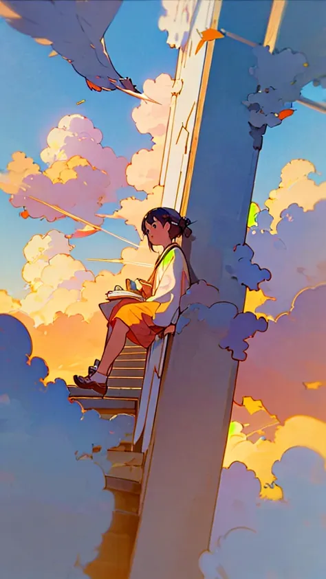 (1girl sitting on stairway to heaven), above the clouds, seas of clouds, ascending, ethereal, peaceful, graceful, innocent, hope...