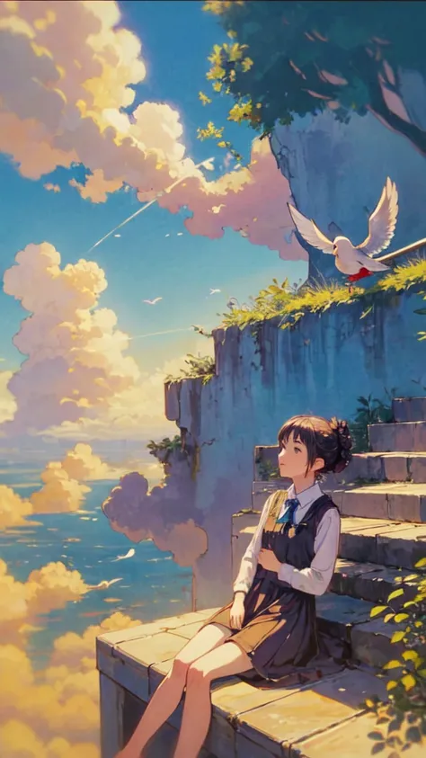 (1girl sitting on stairway to heaven), above the clouds, seas of clouds, ascending, ethereal, peaceful, graceful, innocent, hope...