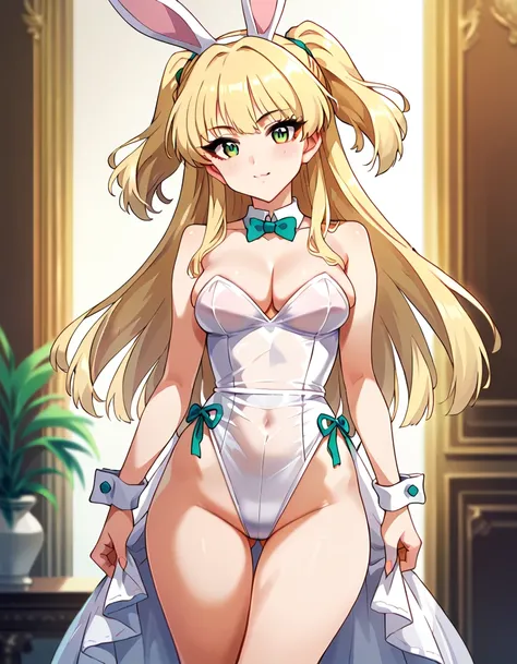 score_9, score_8_up, score_7_up, unaestheticXLv31, masterpiece, ultra-detailed, nsfw, Shiny skin, pretty eyes, BREAK, ((translucent clothing)), WHITE playboy bunny, jgskrk, long hair, blonde hair, two side up, bangs, green eyes,15 years old ,Small brests, ...