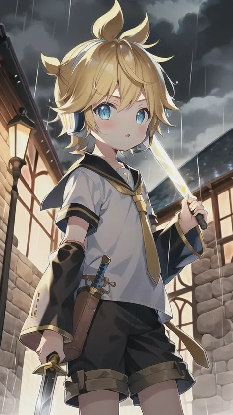 10 year old boy, kagamine len, cute, cowboy shot, over small sailor uniform, shorts, necktie, earphone, parted lips, light blush...