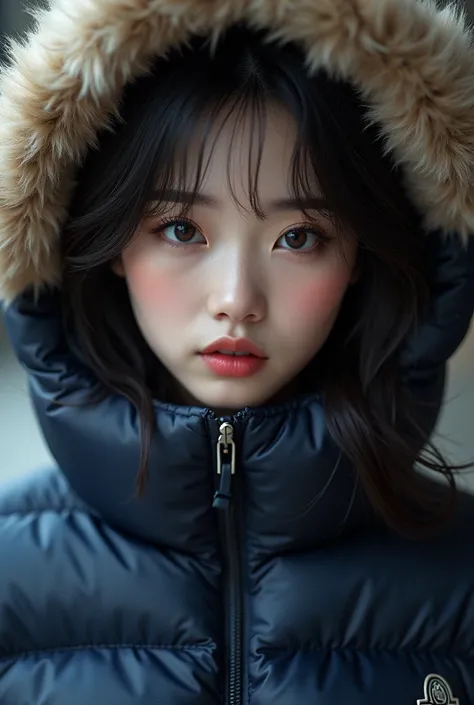 cute 16 year old Chinese woman, wearing a very large tight navy blue moncler shiny puffer coat, thick eyebrows, photorealistic, masterpiece, moncler, fluffy fur hood, , wavy hair, large breasts, red silk bra, open coat, extreme close up, face focus, except...