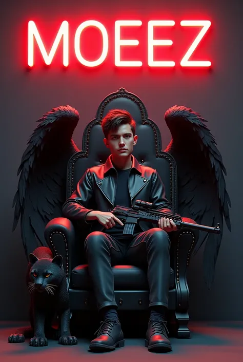 Create a 3D illustration for a profile picture where a 25 year old smart boy in a black jacket sitting casually on a King of Beasts Throne chair. With a rifle on hand. And a ferocious panther by my side. Wearing sneakersm He looks ahead. The Background fea...