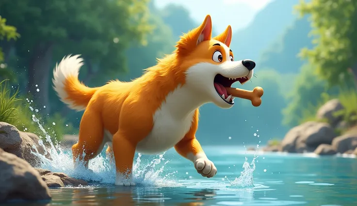 Depict the moment yellow-orange and white dog barks loudly, causing his bone to fall out of his mouth and splash into the river