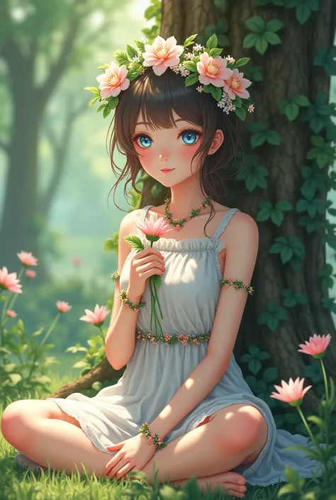 A beautiful girl sitting by folding legs  in garden below tree , wearing flower crown, flower breslate, flower dress, flower nacklace, smiley face, flowers in hands, Blue eyes.