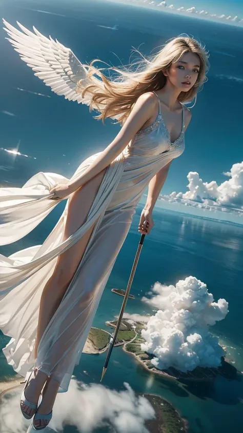 ((a serene summer scene with an ultra-high-definition, realistic angel flying gracefully in the sky)), the angel is facing towar...