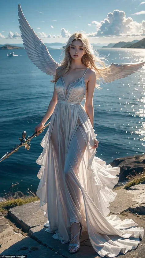 ((A serene summer scene with an ultra-high-definition, realistic angel flying gracefully in the sky)), The angel is facing towards the camera with lifelike facial features and detailed textures, The angel has intricately detailed white wings, fully extende...