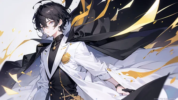 24-year-old boy, Mature appearance, Jet black short hair, Grey Eyes, White shirt, A long black suit like a cape, with golden elements, masterpiece, high quality