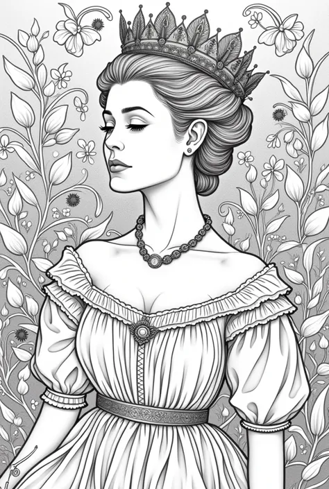 Lady queen half photo flowers background coloring book pages black and white high details different types of images