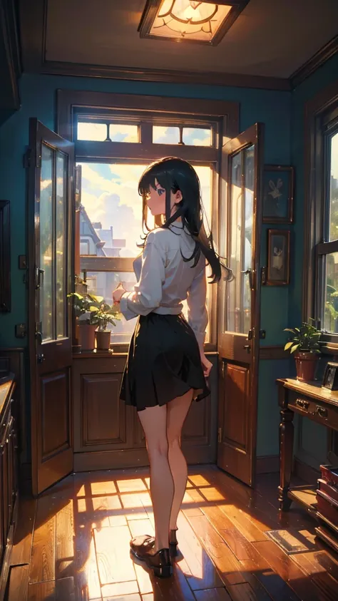 (1girl in), 20yr old, Detailed details, A dark-haired, length hair, (White underwear), White shirt, In front of a large window, (Stand facing the window), plays the guitar, posterior view, inside in room, Hardwood flooring, bookcase, houseplant, Big clouds...