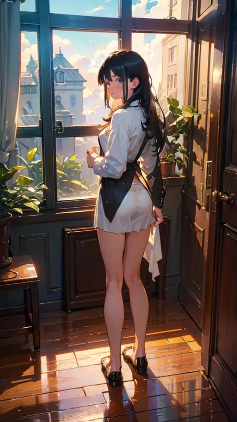 (1girl in), 20yr old, Detailed details, A dark-haired, length hair, (White underwear), White shirt, In front of a large window, (Stand facing the window), plays the guitar, posterior view, inside in room, Hardwood flooring, bookcase, houseplant, Big clouds...