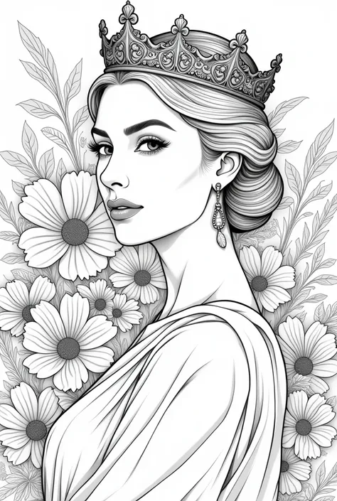 Lady queen half photo flowers background coloring book pages black and white high details different types of images