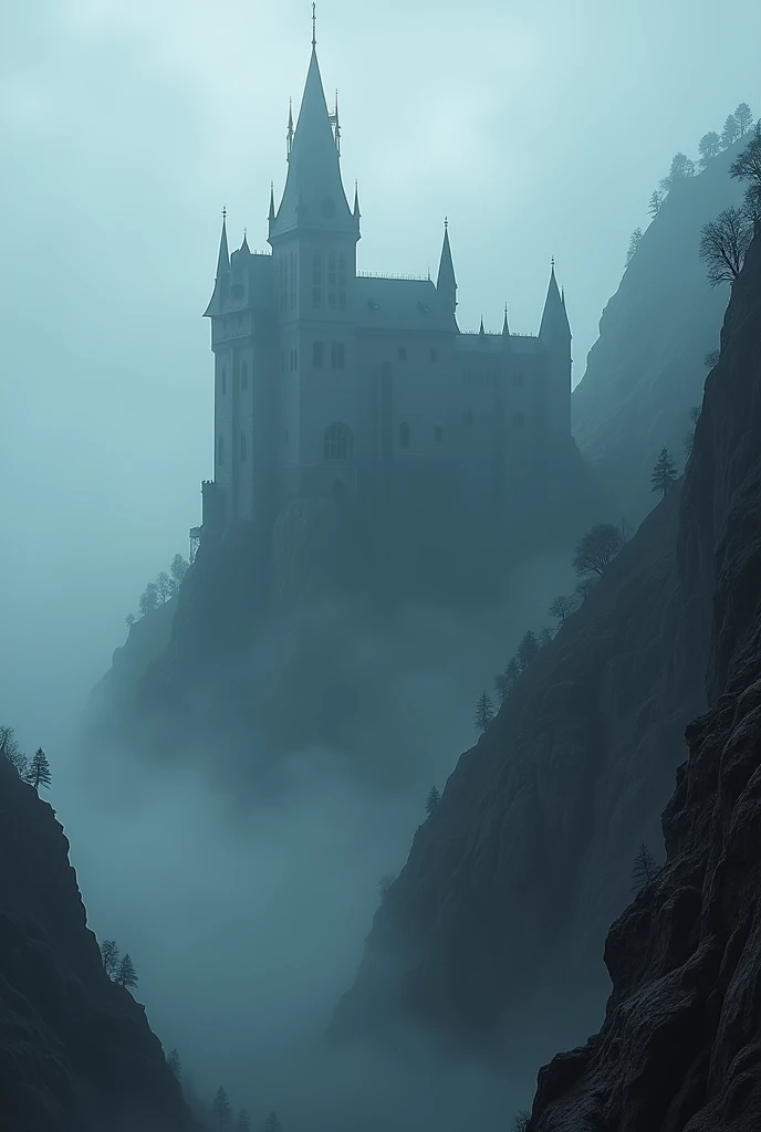 draculas castle in romania on top if the mountain foggy scary environment, cliffs the setting is dawn, aspect ratio is landscape wallpaper for facebook cover photo
