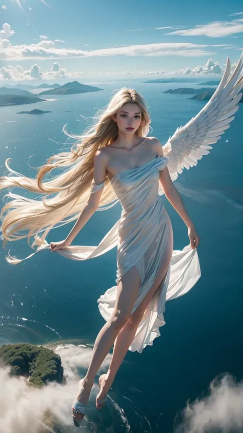 ((a serene summer scene with an ultra-high-definition, realistic angel flying gracefully in the sky)), the angel is facing towar...