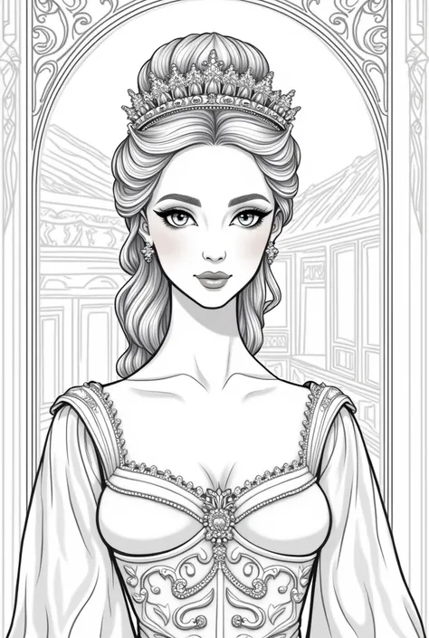 Lady queen half photo bunglow background coloring book pages black and white high details different types of images