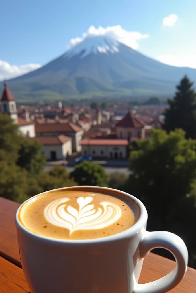 Coffee cup with a cherry flag latte design and the misti of Arequipa in the background 