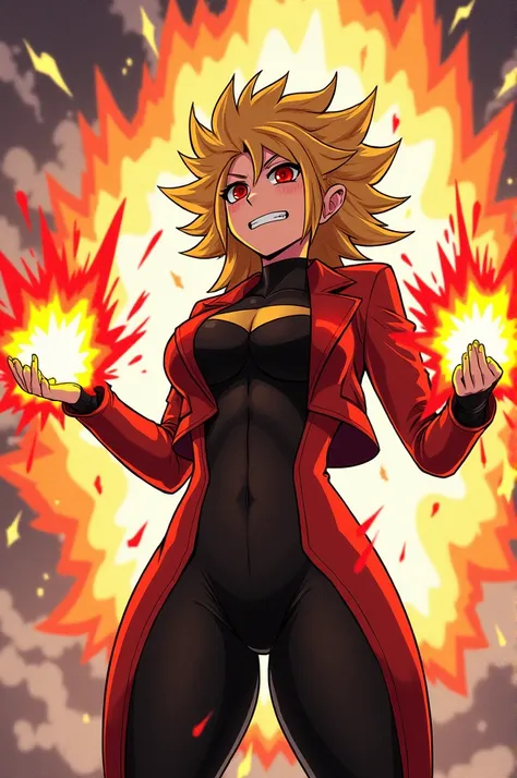 Makes Bakugou Katsuki in his female version. Hips and torso slightly enlarged with its red slanted eyes, frowning and doing one of his attacks with his palms with explosions, to the Quirk. 