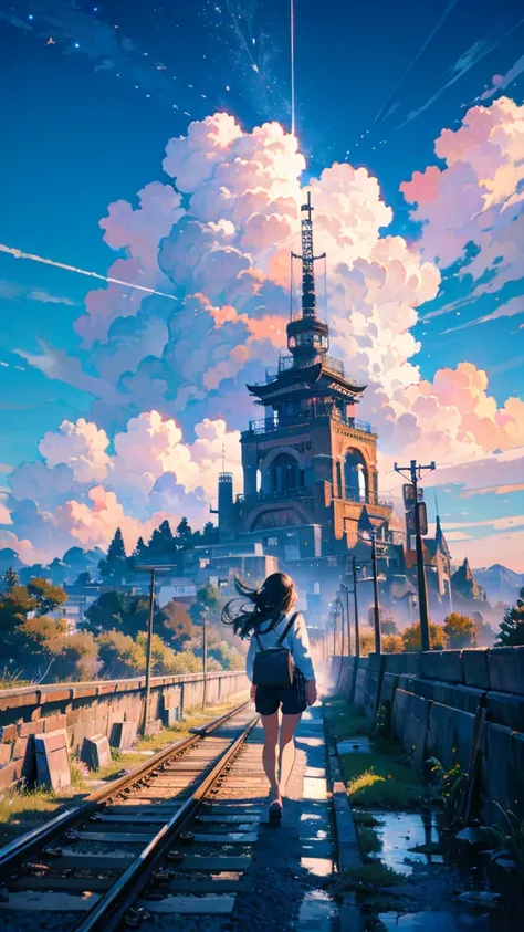 Exquisite detail, Highest quality, One girl, alone, handrail, cloud, buildings, Long Hair, NULL, Long sleeve, Power lines, White footwear, Black Hair, Electric pole, bangs, cloudy NULL, fish, bird, Green Eyes, Shorts, Day, Black Shirt, barefoot, star, milk...