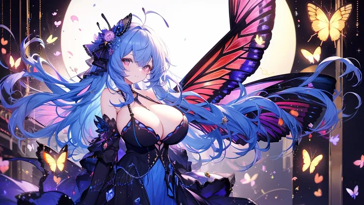 Better Quality, Young woman butterfly, Midnight Blue Hair, a (Huge breasts:1.4), Insect antenna on head, Butterfly Wings, Sexy Costumes, dans a nuit étoilée　Perfect breasts