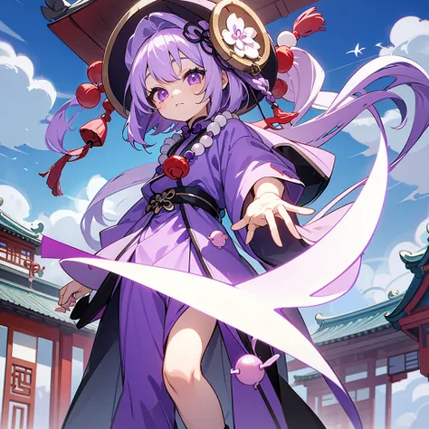 1 little chibi girl, light purple hair, dark purple hat, magenta eyes, purple and blue outfit, long white socks, big beads necklace, chinese clothes,  old chinese temple, sky