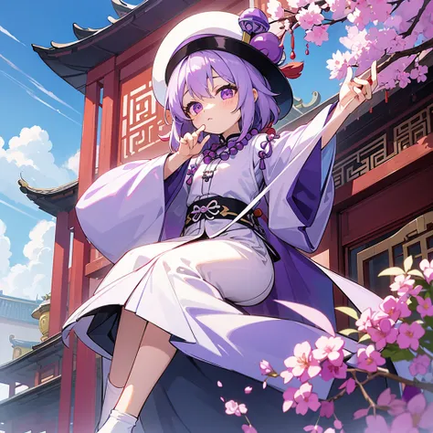 1 little chibi girl, light purple hair, dark purple hat, magenta eyes, purple and blue outfit, long white socks, big beads necklace, chinese clothes,  old chinese temple, sky