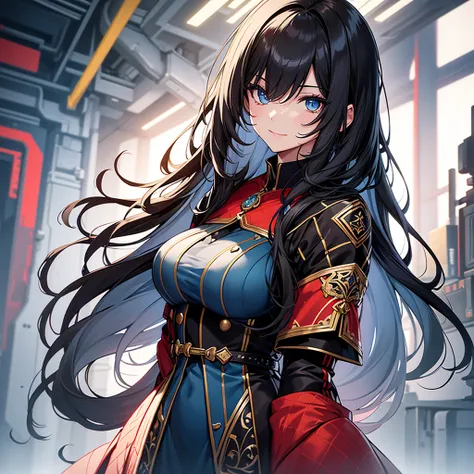 Portray an attractive girl with unique looks and stylish features. She has long, soft black hair with bright red lines, slightly wavy, falling beautifully on the shoulders. Her eyes are large and expressive., with deep, with a smart look, colors of bright ...