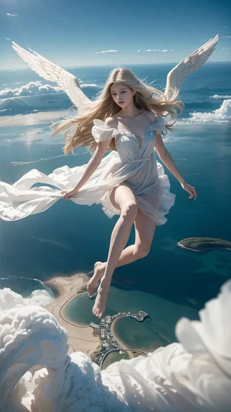 ((a serene summer scene with an ultra-high-definition, realistic angel flying gracefully in the sky)), the angel is facing towar...