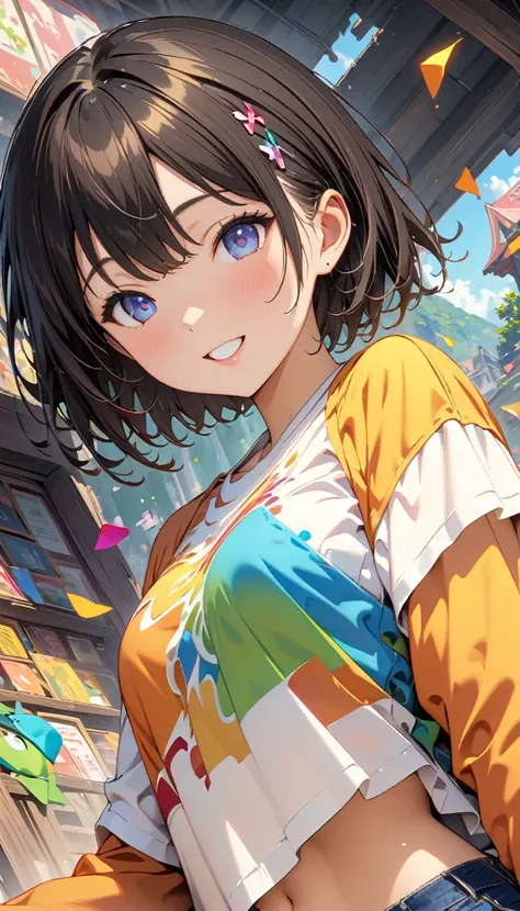 (masterpiece, Highest quality, Official Art:1.3), (colorful), Perfect Anatomy, Looking at the audience,One Girl, alone, floating colorful water, Ultra-fine illustrations, Very detailed, Dynamic Angle, Beautiful details, 8k, 壊す smiling amidst the colorful s...