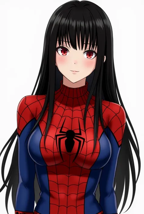  Spider-Man clothe, balck long hair, 1 girl, bangs, red eyes