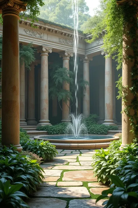 Inner garden with flourish water, a Classic column, quite ancient Rome looking