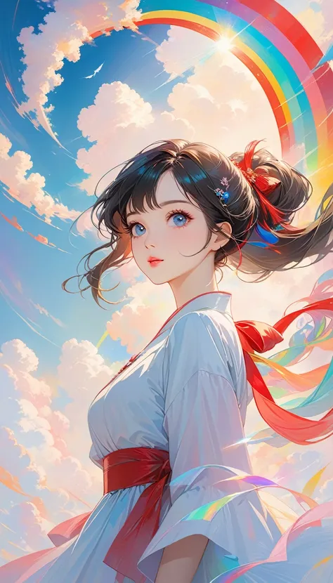 Chinese woman, Close-up of face, Soaring female figure **** Ribbon, smokes, in the sky, Vibrant colors, Mysterious colors, Modern Impressionism, portraiture Yanjun Cheng, Rainbow painting, 3/4 Perspective, Cute face, Low Angle, Wide Rotation Composition, L...