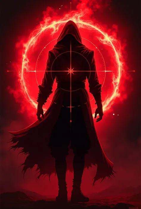 ((Best Quality)), ((masterpiece)), (detailed), an anime style Hunter aura, with, all red color, with la silueta negra de punto de mira en el sentro. With a black background, 