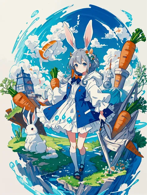 Detailed Background, masterpiece, Highest quality, Anime illustration、Anime cute rabbits、White Rabbit、Gray Rabbit、Eating lots of carrots from the field、Water from the water sprinklers splashes around the carrots.、Summer cumulonimbus、Original works by illus...