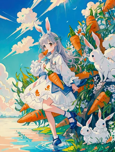 Detailed Background, masterpiece, Highest quality, Anime illustration、Anime cute rabbits、White Rabbit、Gray Rabbit、Eating lots of carrots from the field、Water from the water sprinklers splashes around the carrots.、Summer cumulonimbus、Original works by illus...