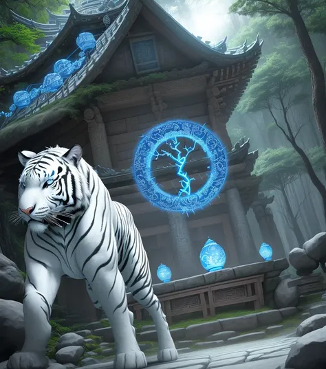 "A magical warrior from ancient Asia, riding a majestic white tiger, both with eyes glowing dark blue. His armor is made of dragon scales and decorated with protective symbols., reflecting a silvery glow under the light of the floating lanterns. The warrio...