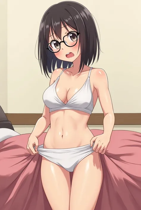 Embarrassed anime girl with bob haircut and round glasses with small breasts shows her panties