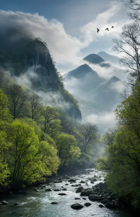 Stream water is clear and transparent，The trees are also green，The whole picture is surrounded by clouds and mist，There are several bare rock mountains behind,Clouds and mist，A bird flies across the screen.
