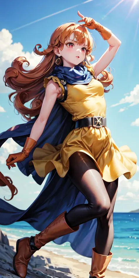 1girl,solo,dq4-alena,black pantyhose,blue cape,blue headwear,boots,curly hair,earrings,long hair,orange gloves,orange hair,red eyes,sleeveless,yellow dress,yellow skirt,dynamic pose,small breasts,(shiny,shiny dress:1.1)jumping,v-shaped eyebrows,fine weathe...