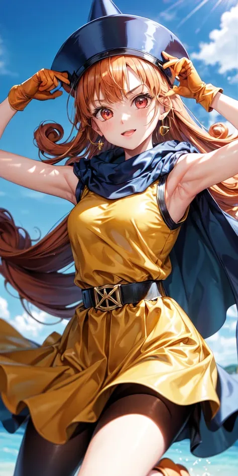 1girl,solo,dq4-alena,black pantyhose,blue cape,blue headwear,boots,curly hair,earrings,long hair,orange gloves,orange hair,red eyes,sleeveless,yellow dress,yellow skirt,dynamic pose,small breasts,(shiny,shiny dress:1.1)jumping,v-shaped eyebrows,fine weathe...