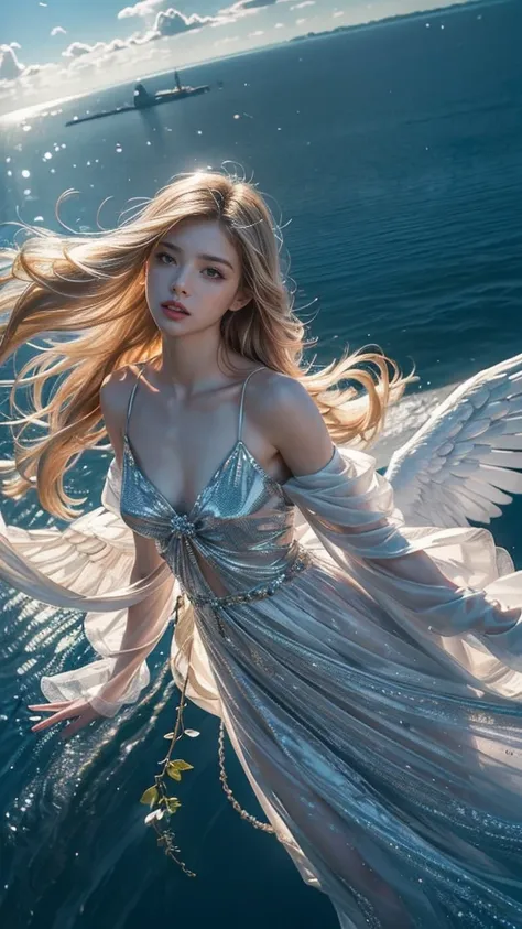 ((a serene summer scene with an ultra-high-definition, realistic angel flying gracefully in the sky)), the angel is facing towar...